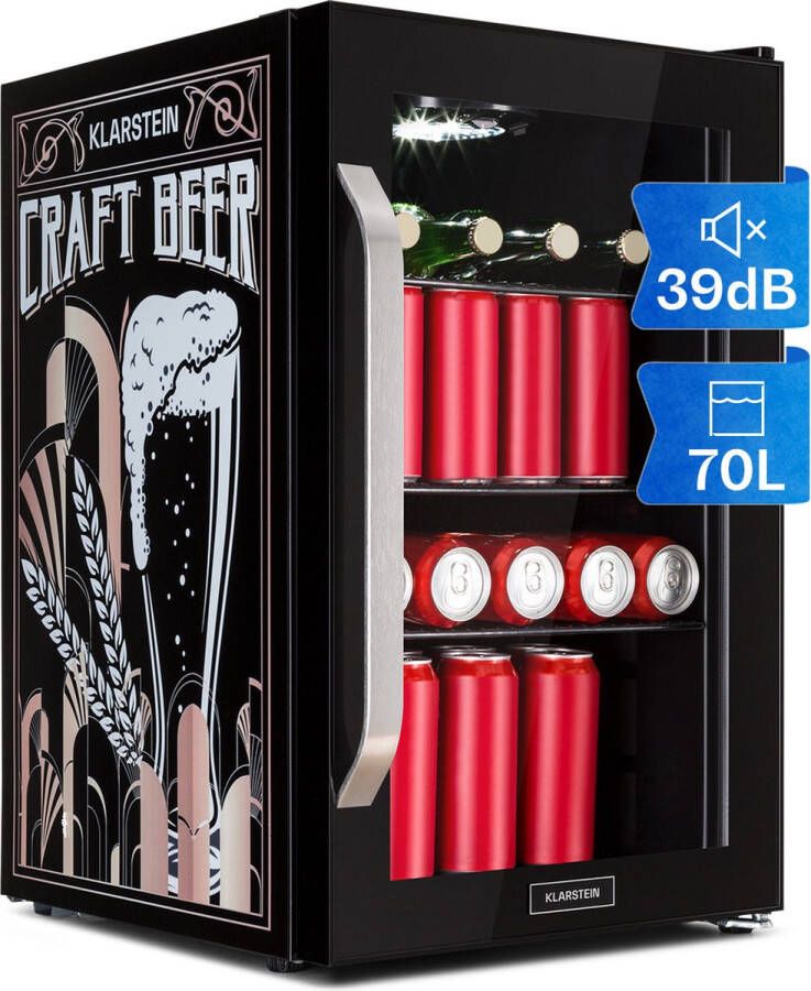 Klarstein Beersafe 70 Craft Beer Edition Koelkast Drankkoelkast Volume: 70 Liter 3 Verchroomde metalen roosters Interne temperatuur: 0 tot 10 °C Draaiknop Dubbel geïsoleerde glazen deur Vrijstaand LED EEK E RVS front Zwart