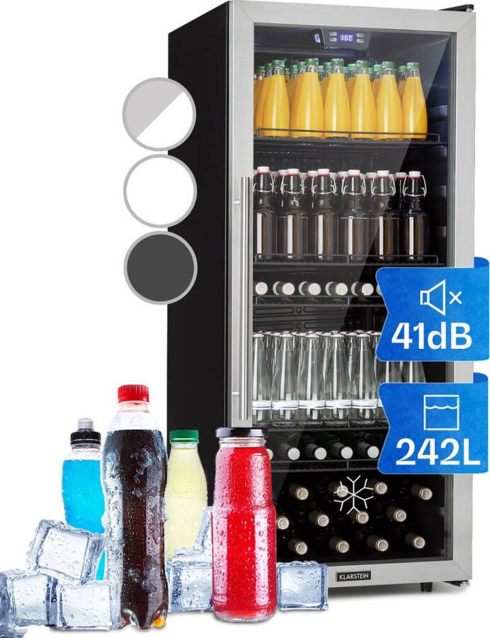 Klarstein Beersafe 7XL Koelkast Drankkoelkast Volume: 242 Liter 5 Inlegplateaus Per graad instelbare binnentemperatuur van 1 tot 20 °C Dubbel geïsoleerde glazen deur Vrijstaand LED Roestvrij staal
