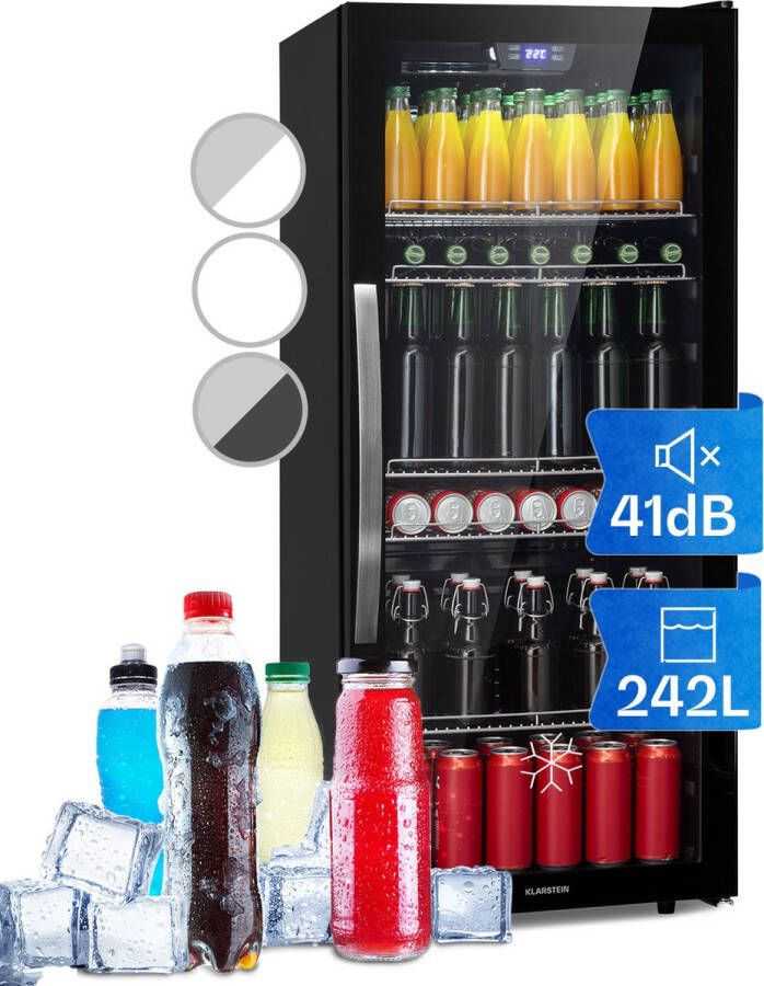 Klarstein Beersafe 7XL Koelkast Drankkoelkast Volume: 242 Liter 5 Inlegplateaus Per graad instelbare binnentemperatuur van 1 tot 20 °C Dubbel geïsoleerde glazen deur Vrijstaand LED Front van RVS Onyx