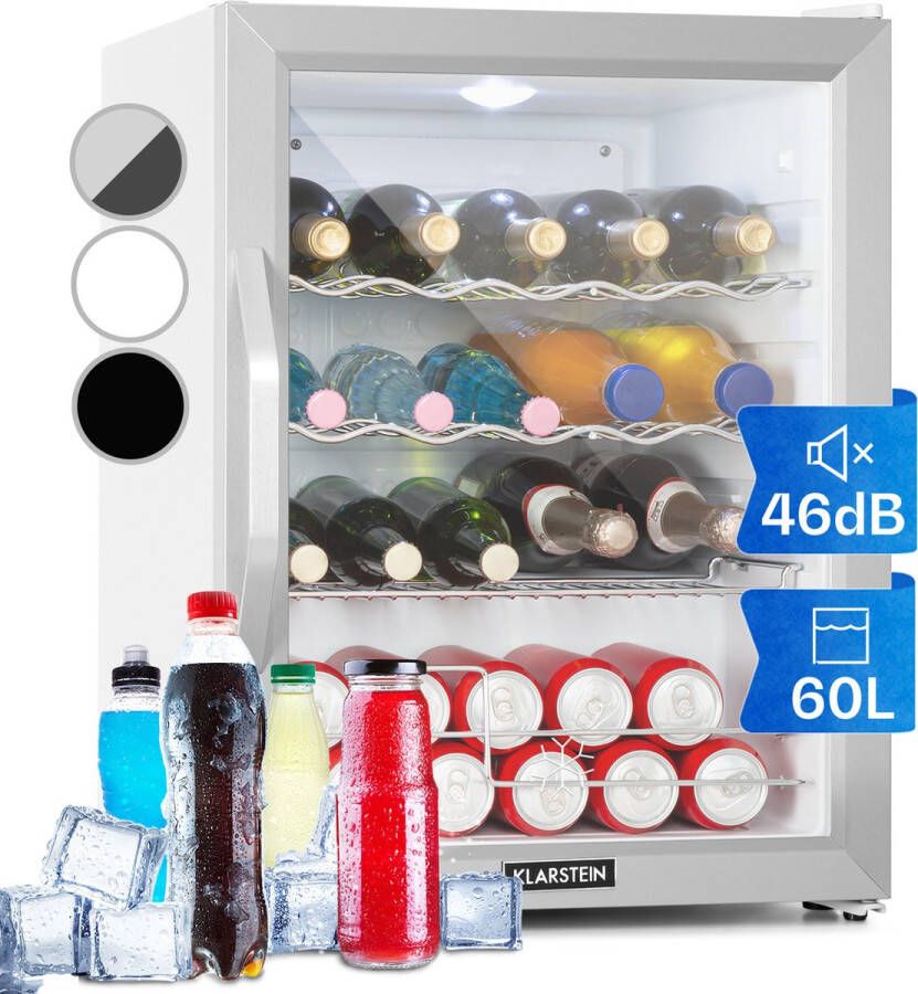 Klarstein Beersafe XL Crystal White Mini Koelkast 60 Liter 4 Plateaus Glazen Panoramadeur Instelbare Temperatuur 5 Standen Sneeuwwitte Binnenkant Roestvrijstalen Front En Handvat Thermo-Elektrisch Koelsysteem Roestvrij Staal