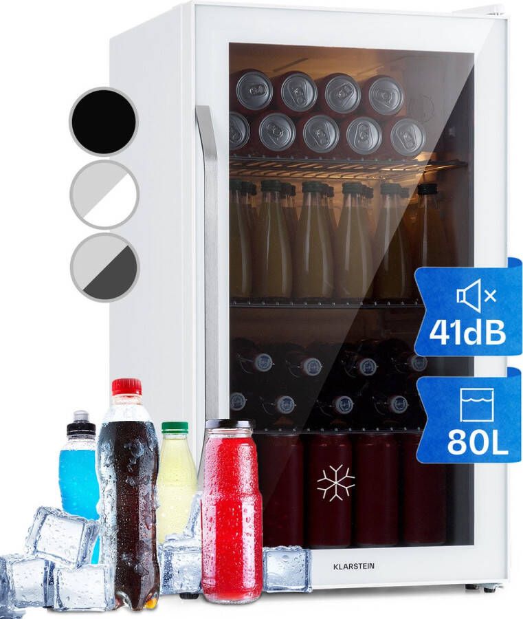 Klarstein Beersafe XXL Quartz Koelkast 80 Liter Dubbel Geïsoleerde Glazen Panoramadeur Volume: 80 Liter 3 Verchroomde Metalen Inlegplateaus Per Graad Instelbare Binnentemperatuur Van 3 Tot 10 °C Draaiknop Vrijstaand 5 Standen Wit