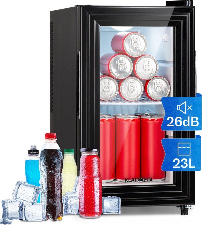 Klarstein Minibar Brooklyn 23 Slim koelkast led kunststof-inzet glazen deur Minikoelkast 23L 26 dB voor Kantoor Stil Compact Geruisloos Zwart voor Keuken Fluisterstil Wit Mini Fridge Hotelkoelkast Kleine Koelkast