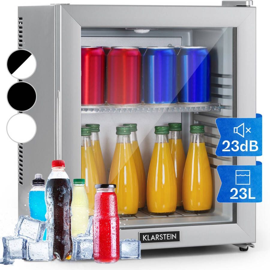 Klarstein Brooklyn 24 Silver mini-koelkast barmodel koelkast 24 liter glazen deur led schap zilver