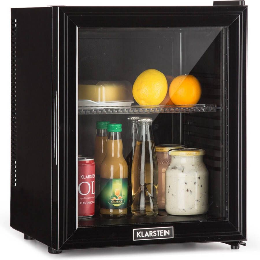 Klarstein Brooklyn 24 Minibar Mini-Koelkast Thermo-elektrisch Koelsysteem 24 Liter inhoud 3 Standen koeling: Tot 12 °C 23 Db Flexibel Kunststof Plateau LED Licht Panoramadeur Van Glas Zwart