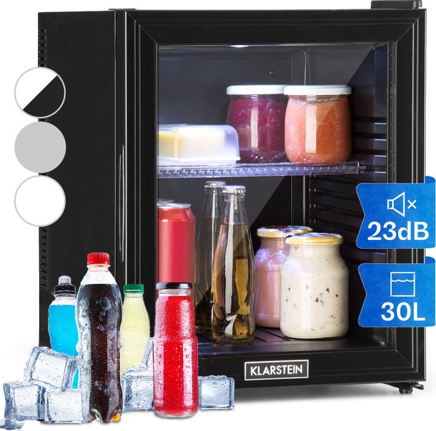 Klarstein Brooklyn 32 Minibar Mini Koelkast Thermo-elektrisch koelsysteem 32 liter inhoud 3 standen koeling: tot 12 °C Energie-efficiëntieklasse F 23 dB Flexibel kunststof plateau LED licht Panoramadeur van glas Zwart