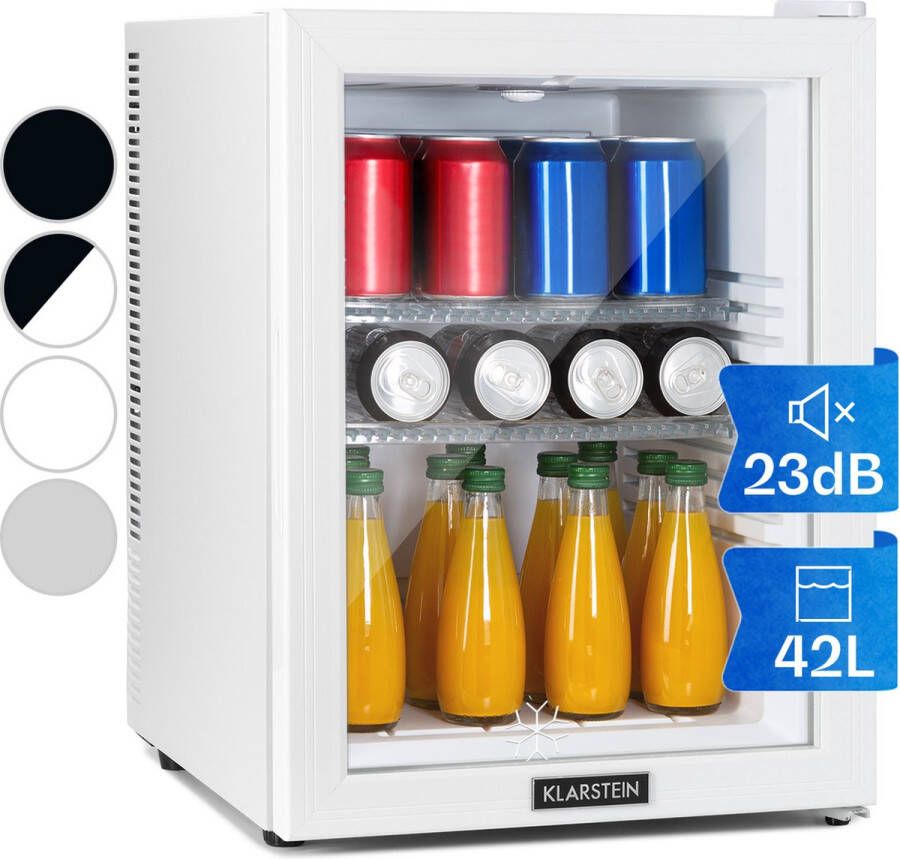 Klarstein Brooklyn 42 Minibar Mini koelkast Compact Vrijstaand Thermo-elektrisch koelsysteem 42 Liter inhoud Koeling: 12 18 °C Auto DeFrost Energie-efficiëntieklasse: F 23 dB LED licht Glazen panoramadeur Wit