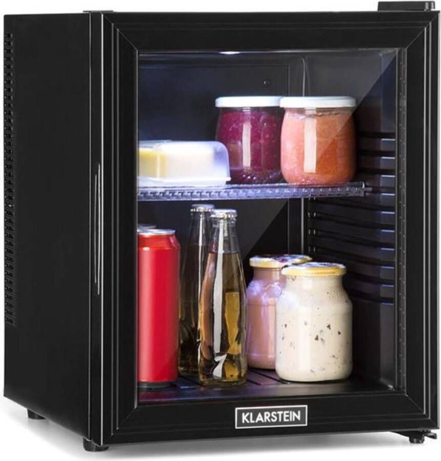 Klarstein Brooklyn 32 Minibar Mini Koelkast Thermo-elektrisch koelsysteem 32 liter inhoud 3 standen koeling: tot 12 °C Energie-efficiëntieklasse F 23 dB Flexibel kunststof plateau LED licht Panoramadeur van glas Zwart - Foto 2