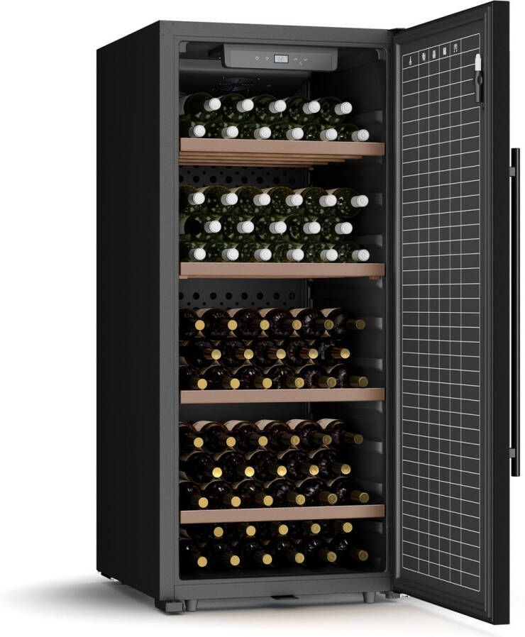 Klarstein CellarMax vrijstaande wijnkoeler 114 flessen 5-20°C aanraakbediening metalen deur slot alarm 38 dB energieklasse E