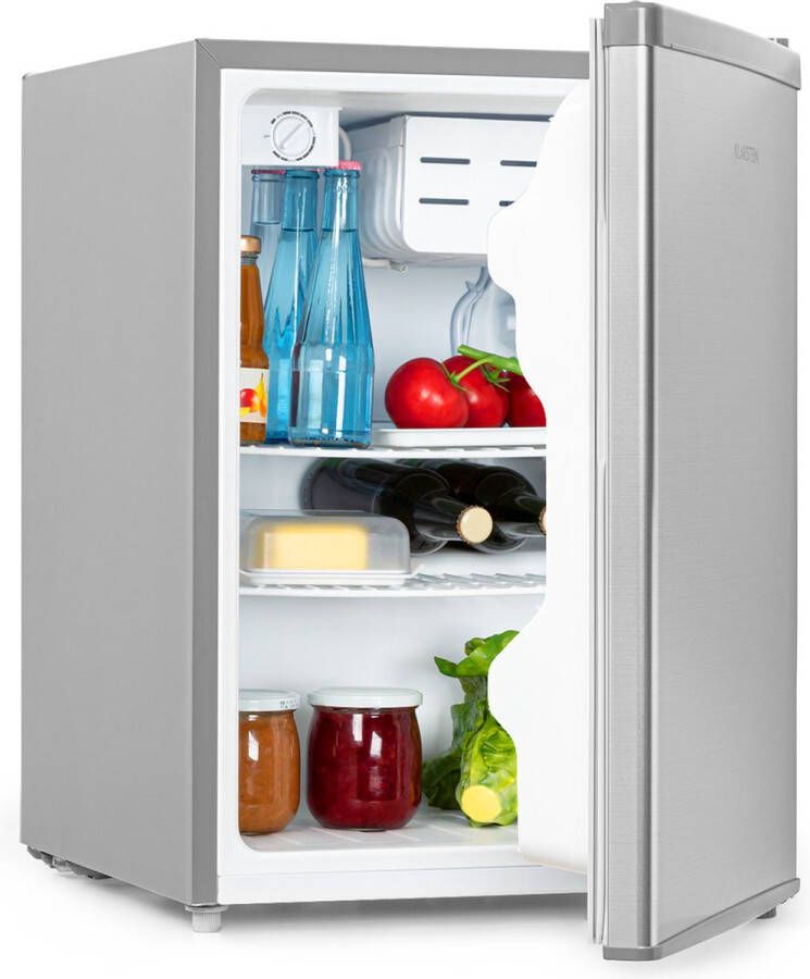 Klarstein Cool Kid Koelkast Mini-koelkast in CompactCooling design Inhoud: 65 liter Energie-efficiëntieklasse E 2 Etages Vriesvak: 4 liter Flessenvak tot 2 liter 41 dB Zilver