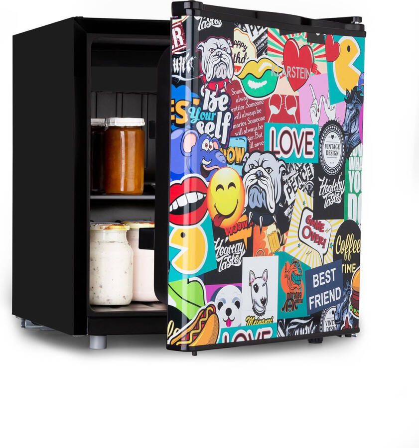 Klarstein Cool Vibe 46+ Koelkast Inhoud: 46 Liter 2 Etages 1 Glazen schap Energie-efficiëntieklasse E Vividart Concept: Comic Design Print Vriesvak 41 dB Zwart
