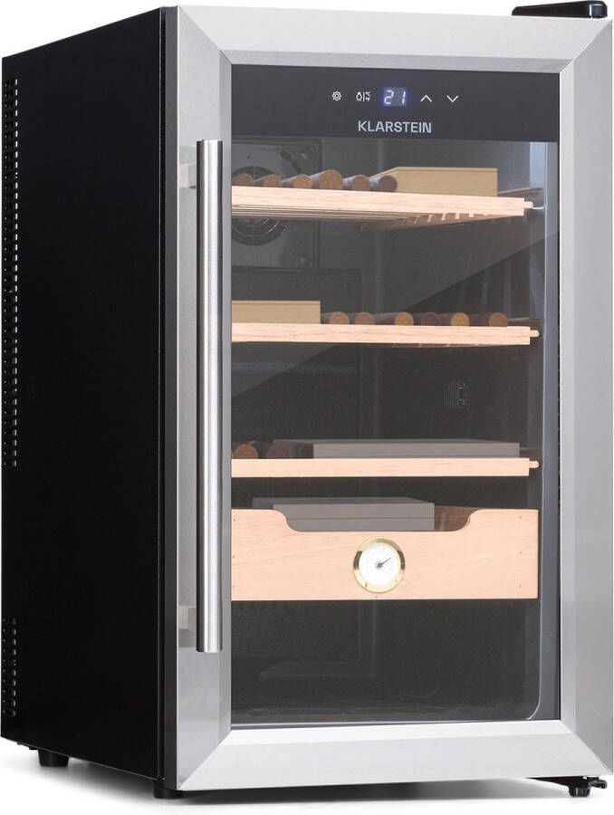 Klarstein El Presidente 48 Sigaarhumidor Thermo-Elektrisch Glazen Deur Vrijstaand 3 Schappen En Een Cederhouten Lade 48 Liter Hygrometer Blauwe LED-Binnenverlichting