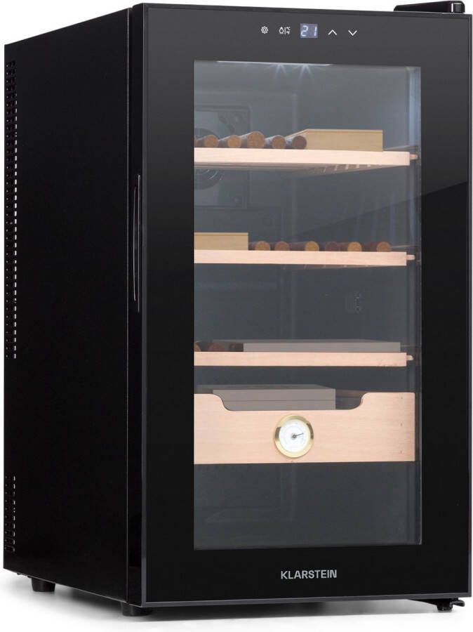 Klarstein El Presidente 48 Sigaarhumidor Thermo-Elektrisch Glazen Deur Vrijstaand 3 Schappen Met Cederhouten Laden 48 Liter Hygrometer Blauwe LED-Binnenverlichting Zwart