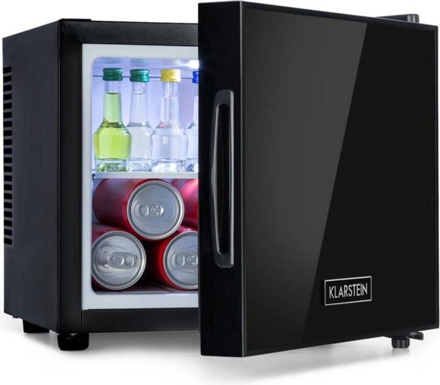 Klarstein Frosty Vrijstaande Mini-Koelkast 10 Liter Losse Glazen Bodemplaat 33dB Koele Frisheid Voor Gastkamers Of Slaapkamers Glansrijk Thermo-Elektrisch Koelsysteem Spiegelglasdeur Praktisch Elegant Zwart