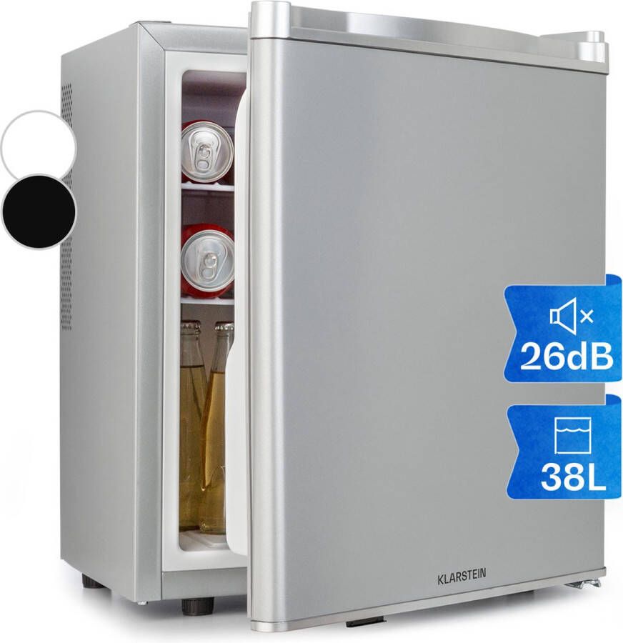 Klarstein Happy Hour 38 Koelkast Minibar Drankkoelkast Compactcooling design Volume: 38 Liter Energielabel C 3 Etages Flessenvak tot 2 Liter Bedrijfsgeluid: 26 dB Zilver