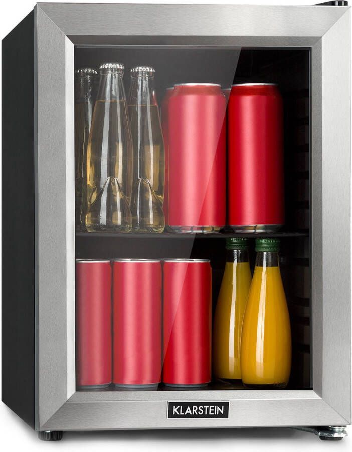 Klarstein Harlem Drankkoelkast Minibar Mini koelkast Compressiekoeling 23 Liter inhoud 5 Koelstanden: 0 10 °C Energie-efficiëntieklasse E Gering Bedrijfsgeluid: 39 dB LED Verlichting Glazen deur Roestvrij Staal