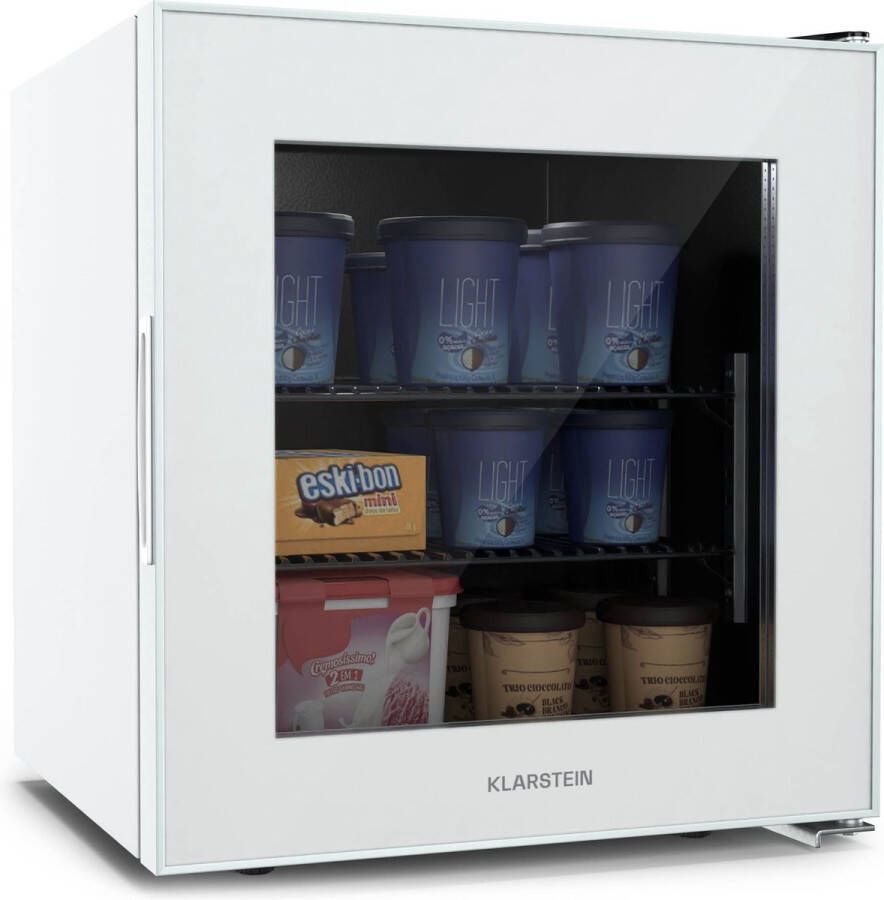 Klarstein Iceage 36 Vriezer 36 Liter inhoud EEK E 2 Schappen Thermostaat Glazen front Wit