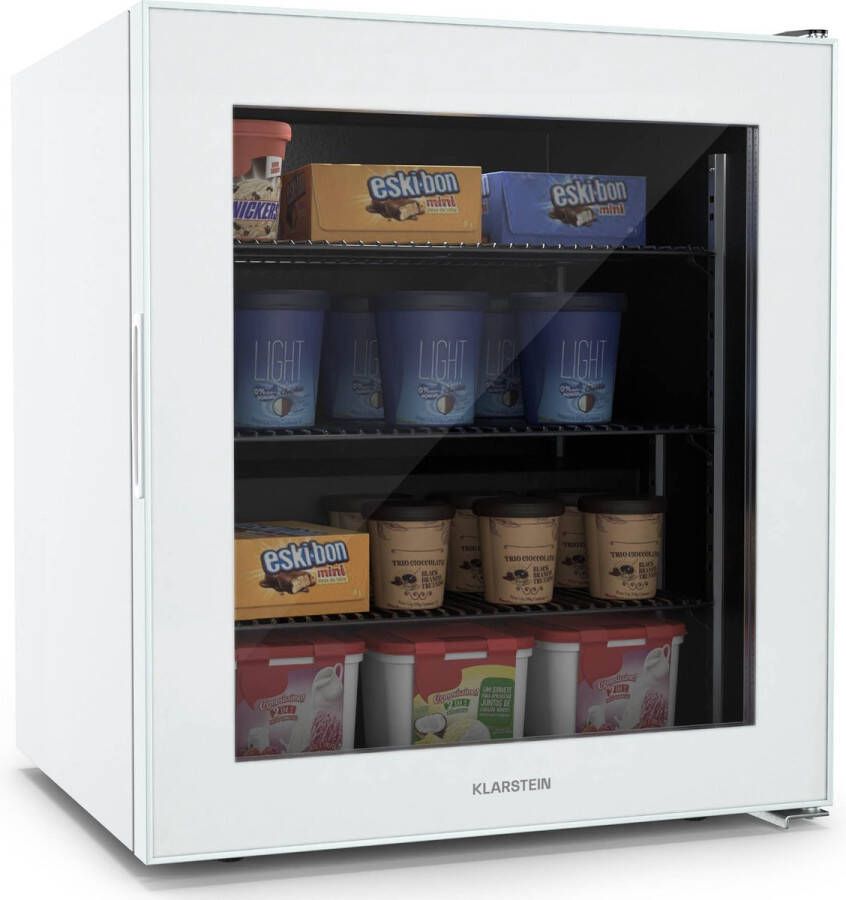 Klarstein Iceage 88 Vriezer 88 Liter inhoud EEK E 3 Schappen Thermostaat Glazen front Wit