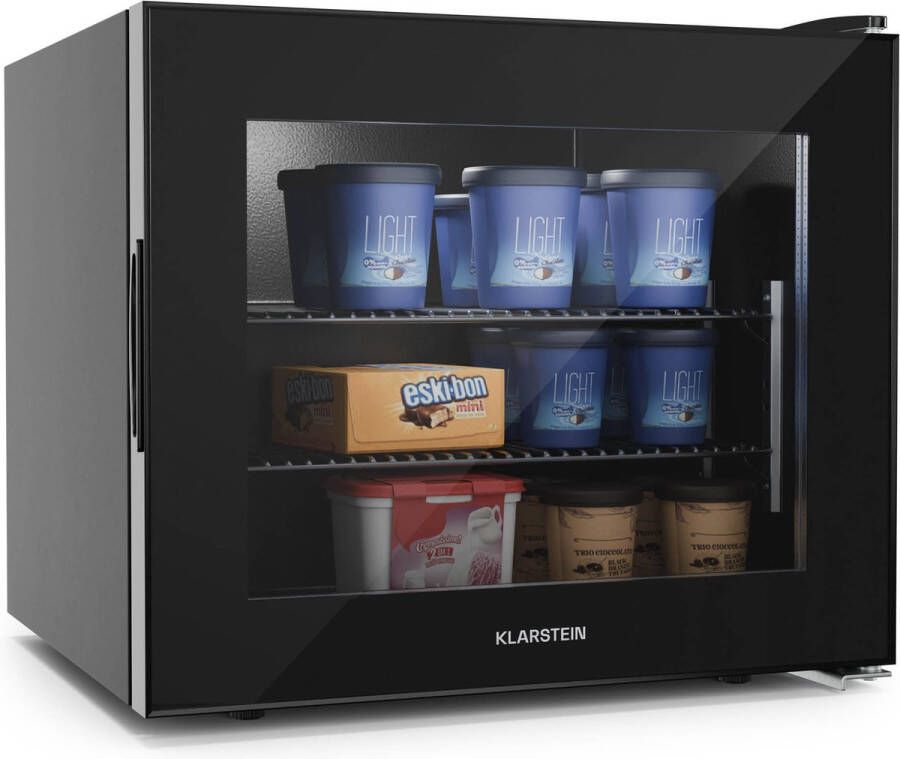 Klarstein Iceage 88 Vriezer 88 Liter inhoud EEK E 3 Schappen Thermostaat Glazen front Zwart