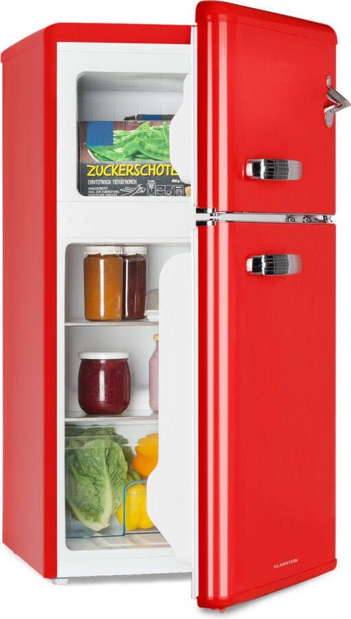 Klarstein Irene Koel-Vriescombinatie 85 Liter 61 Liter koelkast & 24 Liter vriesvak 2 Schappen Groentevak Koeltemperatuur: 0-10 °C Vriestemperatuur: -18 °C 41 dB EEK: E Jaren 50 retro look Deur met flesopener Rood