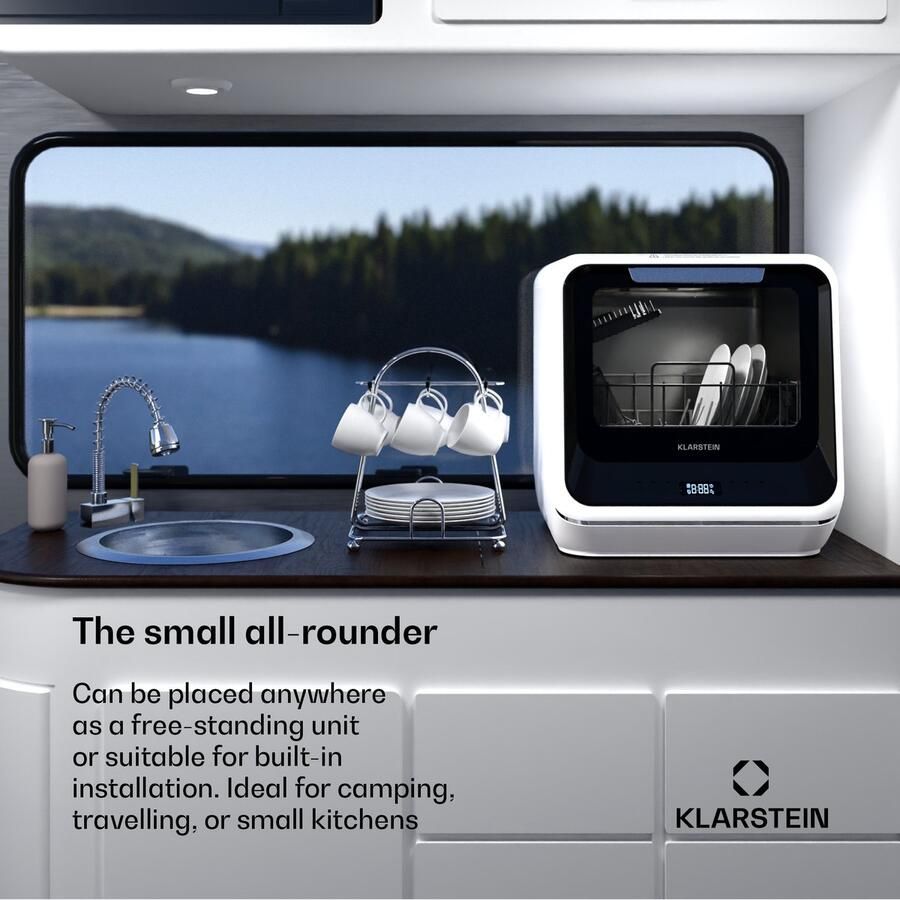 Klarstein Amazonia Mini Vaatwasser Compact Aanrechtblad 7 Programma's 5L Tank of Directe Aansluiting Energie-efficiëntieklasse D Stil 58dB Digitaal Display Draagbaar Tafelblad voor Kleine Keukens Zwart