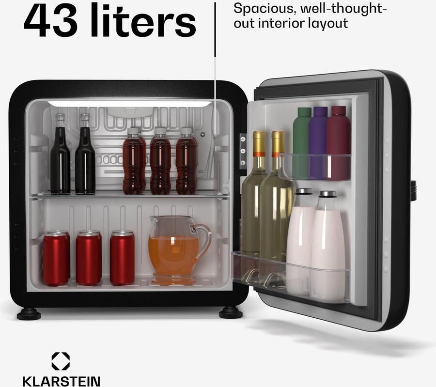 Klarstein Audrey Evo 43L Mini Kühlschrank Retro Design Leise 40 dB Kompressor Verstellbare Füße Wendetür Kühlschrank Klein voor Schlafzimmer en Büros Schwarz – geschikt voor thuisfitness en sportschoolgebruik duurzame constructie eenvoudig te