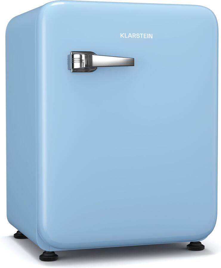 Klarstein Audrey Evo 68L Retro Mini Kühlschrank Leise 40 dB Kompakter Kühlschrank Klein mit Verstellbaren Füßen Wendetür Mechanischem Thermostat Blau Ideal für Schlafzimmer und Büros