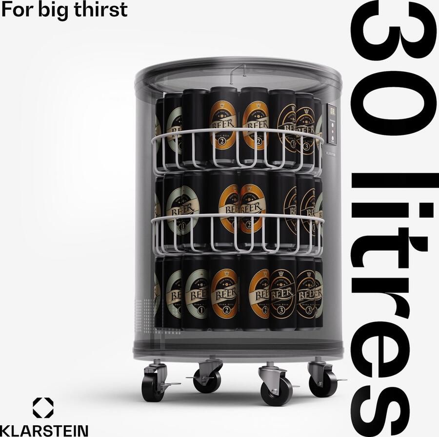 Klarstein Beersafe L mini-koelkast met led-display stille roestvrij staal koelkast indoor outdoor drankenkoelkast wijnkoelkast voor dranken 30L koelkast met 360° zicht 0-16°C