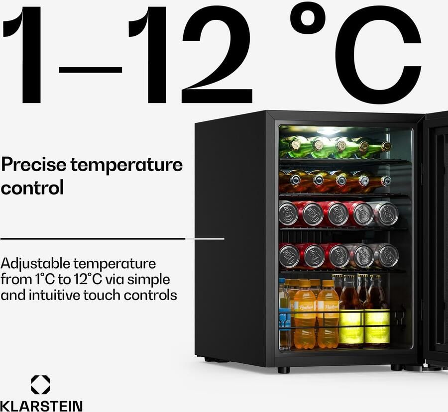 Klarstein Bevora drankenkoelkast 62 L – Drankenkoeling met glazen deur touch bediening ledverlichting regelbare temperatuur 1-12 °C 2 schappen