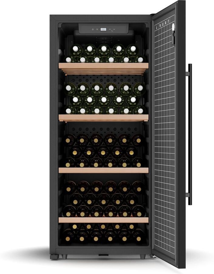 Klarstein CellarMax vrijstaande wijnkoeler 114 flessen 5-20°C aanraakbediening metalen deur slot alarm 38 dB energieklasse E