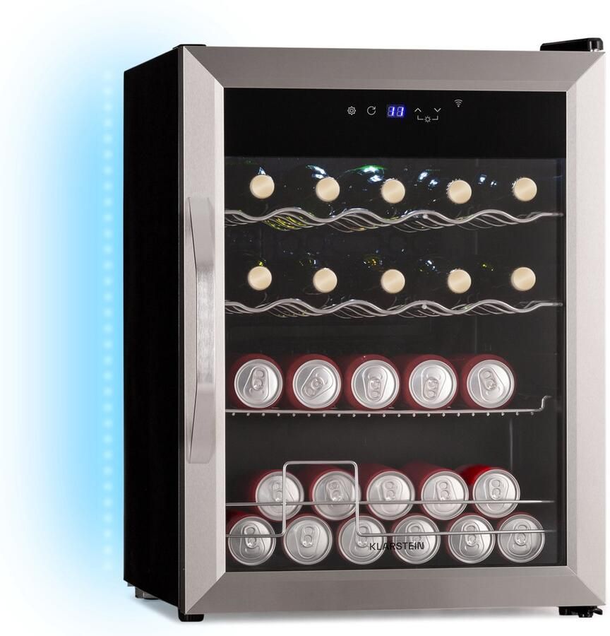 Klarstein Coachella 60 Drankenkoelkast 60 L wifi-compatibel LED-verlichting Roestvrij staal Fluisterstil 3-18 °C Uitneembare schappen Drankenkoelkast met glazen deur