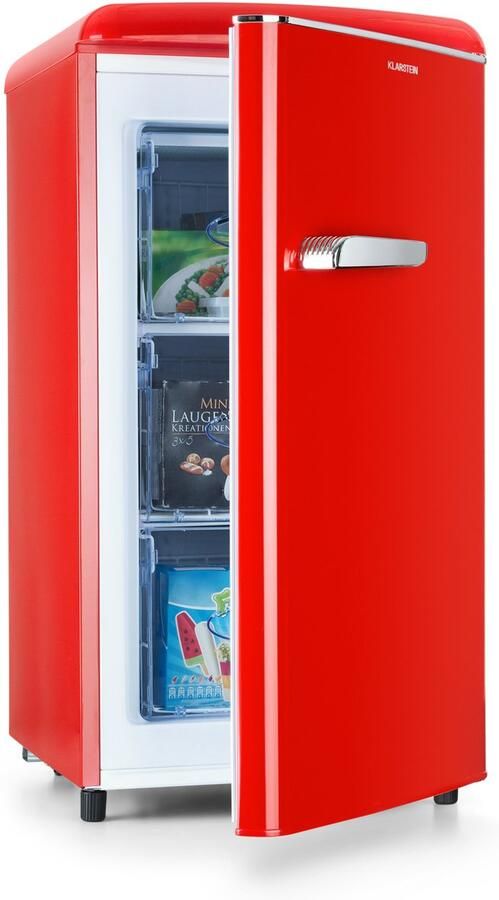 Klarstein Diepvriezer Laika 60 Liter Gesamtvolumen Thermostaat met 5 standen 0 tot 18 °C vrijstaand retro design rood Vrieskast Diepvrieskast voor Keuken 4-Sterren Compact Thermostaat Freezer Vrieskast Klein