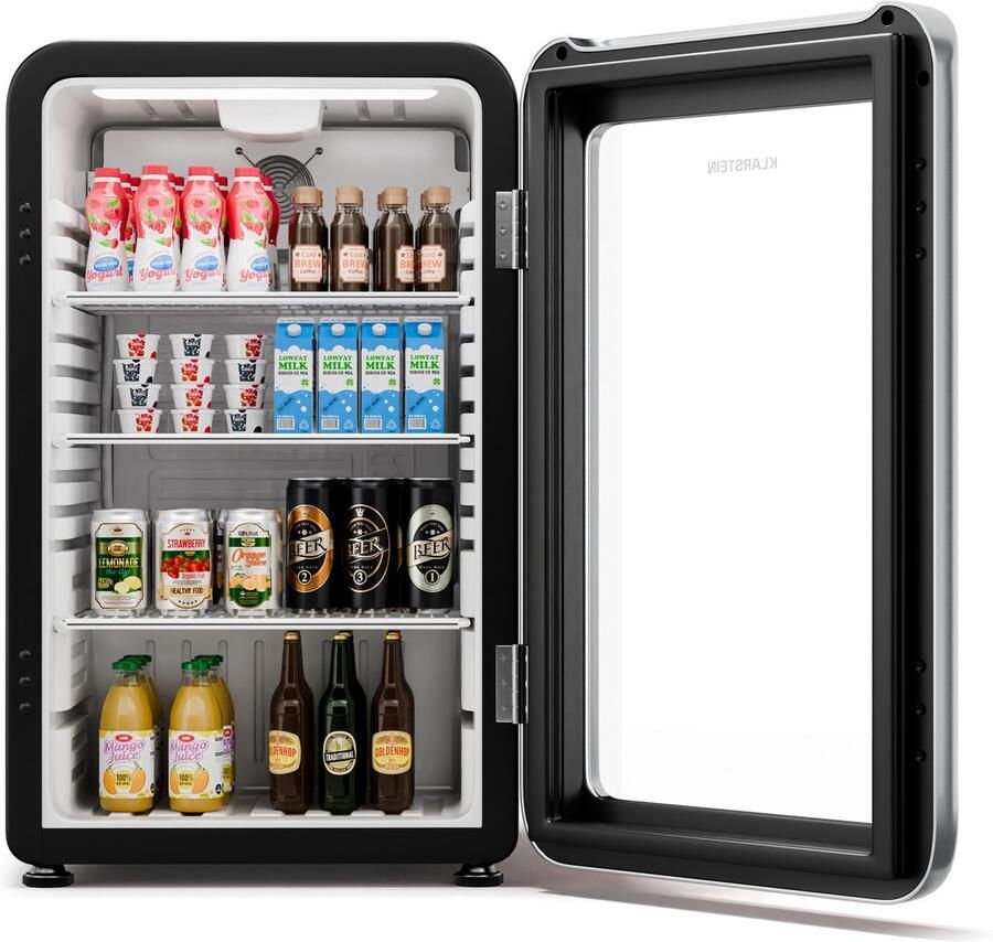 Klarstein Audrey Evo Getränkekühlschrank Mit Glastür 113L Retro Design LED Beleuchtung Doppelt Verglaste Tür 0 10 °C Energieklasse C Verstellbare Füße Schwarz – geschikt voor thuisfitness en sportschoolgebruik duurzame constructie eenvoudig