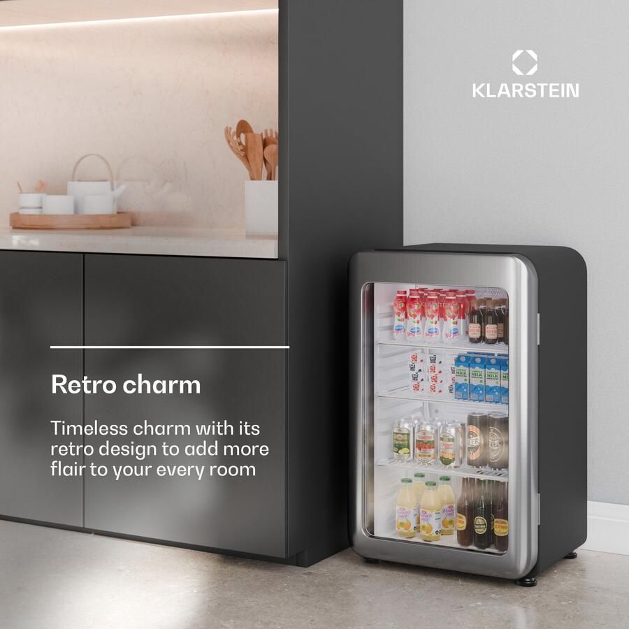 Klarstein Drankkoeler Audrey Evo Drankenkoelkast Met Glazen Deur 95L Mini-Koelkast retro-design Dubbel glas LED-Verlichting 0-10 °C Energieklasse C Zilver Drankkoelkast voor Bar Thermostaat Verstelbaar Compact
