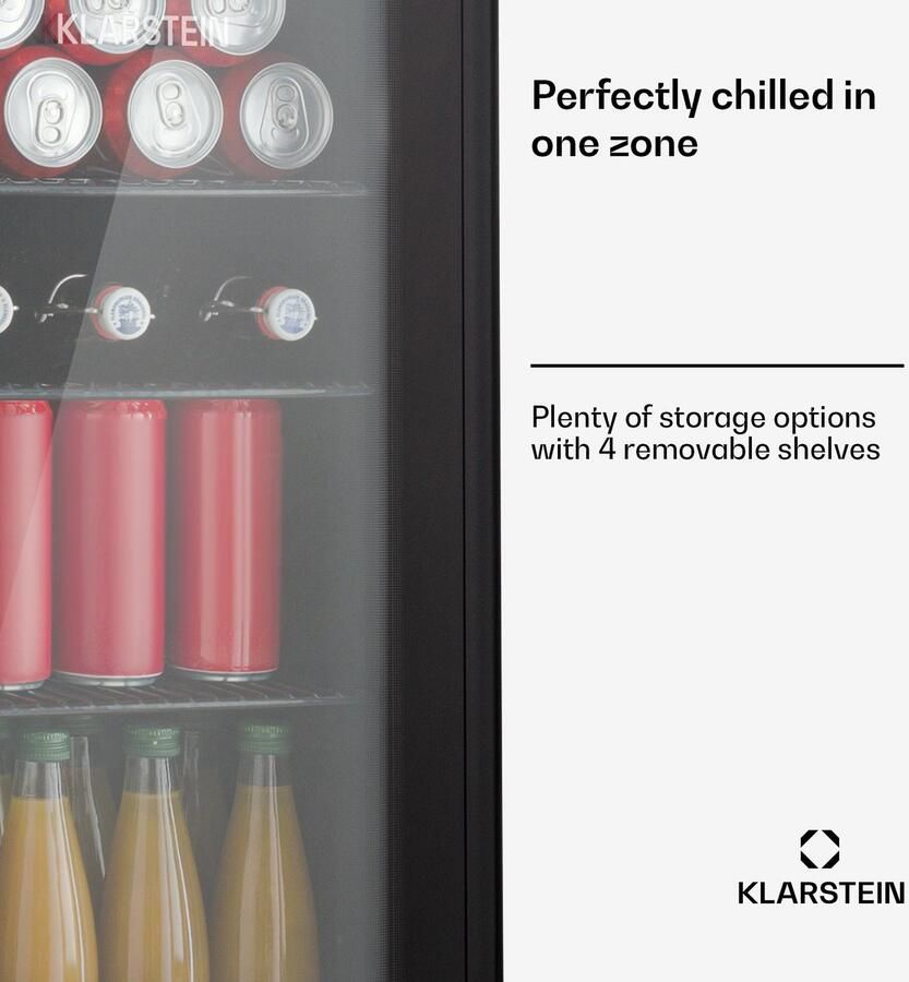 Klarstein Drankkoeler minikoelkast met glazen deur en ledverlichting minikoelkast voor op de kamer kleine met 4 uitneembare schappen kleine koelkast 115 liter koelkast voor binnen en buiten stil 0-10 °C Drankkoelkast voor Bar Touch