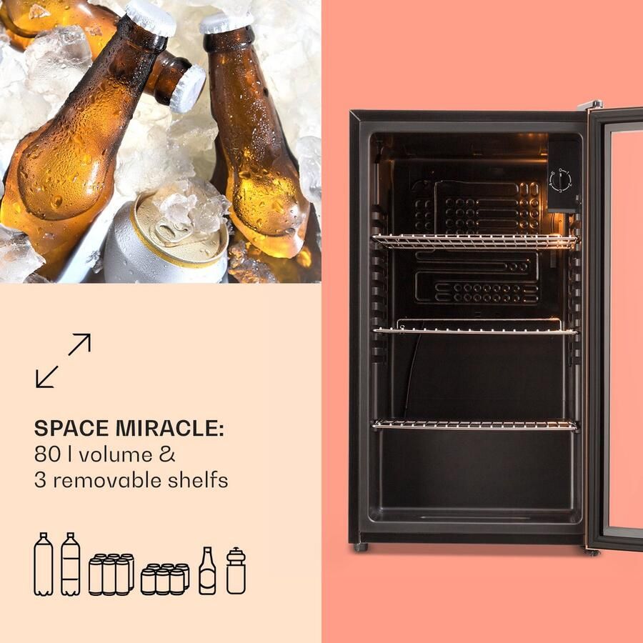 Klarstein XXL Mini Kühlschrank met Glastür & LED Mini Kühlschrank voor Zimmer Getränkekühlschrank Klein met 3 Ablagen Kleiner Kühlschrank 80L Indoor Outdoor Kühlschrank Leise & Wetterfest 3 10°C – geschikt voor thuisfitness en sportschoolgebruik