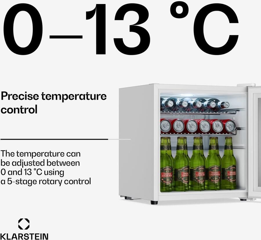 Klarstein drankkoelkast met glazen deur 47 liter mini-drankkoelkast dubbelwandige spiegeldeur verstelbare planken 0-13 °C stil voor onder het aanrecht