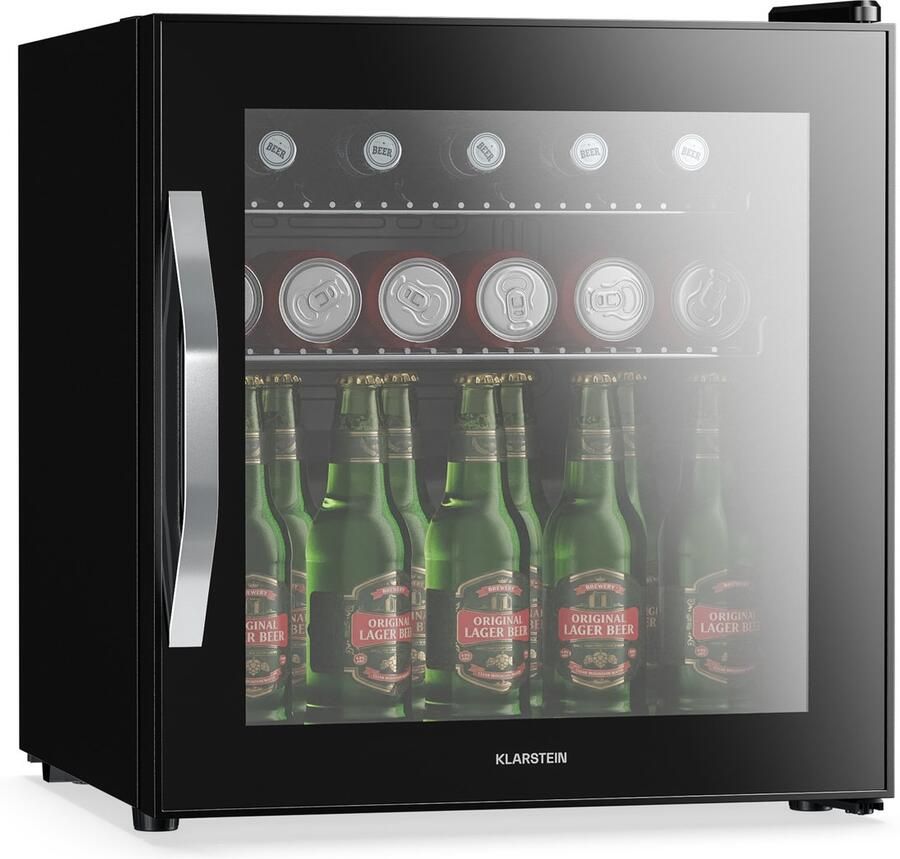Klarstein drankkoelkast met glazen deur 47 liter mini-drankkoelkast ledverlichting 0-13 °C uitneembare planken dubbel glas onderbouw stil