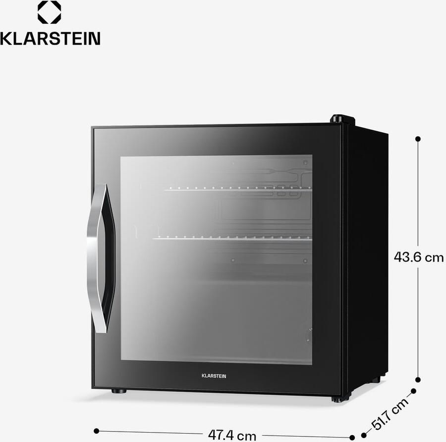 Klarstein drankkoelkast met glazen deur 47 liter mini-drankkoelkast ledverlichting 0-13 °C uitneembare planken dubbel glas onderbouw stil