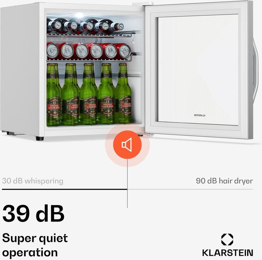 Klarstein drankkoelkast met glazen deur 47 liter mini-drankkoelkast ledverlichting dubbel glas verstelbare planken 0-13 °C onderbouw stil