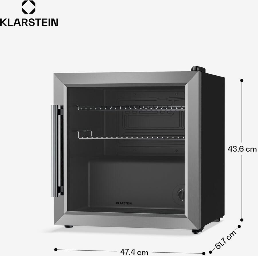 Klarstein drankkoelkast met glazen deur 47 liter mini-drankkoelkast ledverlichting dubbel glas verstelbare planken 3-10 °C onderbouw stil