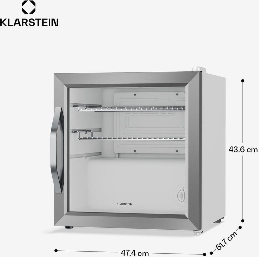 Klarstein drankkoelkast met glazen deur 47 liter mini-drankkoelkast ledverlichting dubbel glas verstelbare planken 0-13 °C onderbouw stil