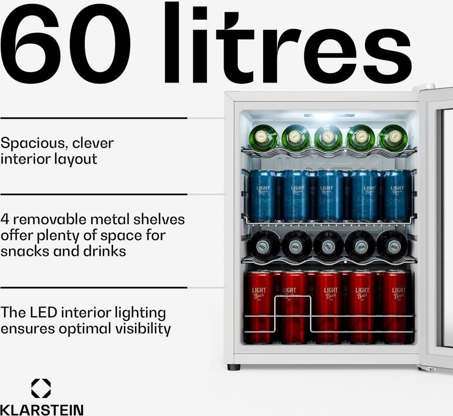 Klarstein drankkoelkast met glazen deur 60 liter dubbele beglazing instelbare temperatuur 0-13 °C 4 uitneembare metalen planken onderbouwkoelkast voor drankjes stil 39 dB