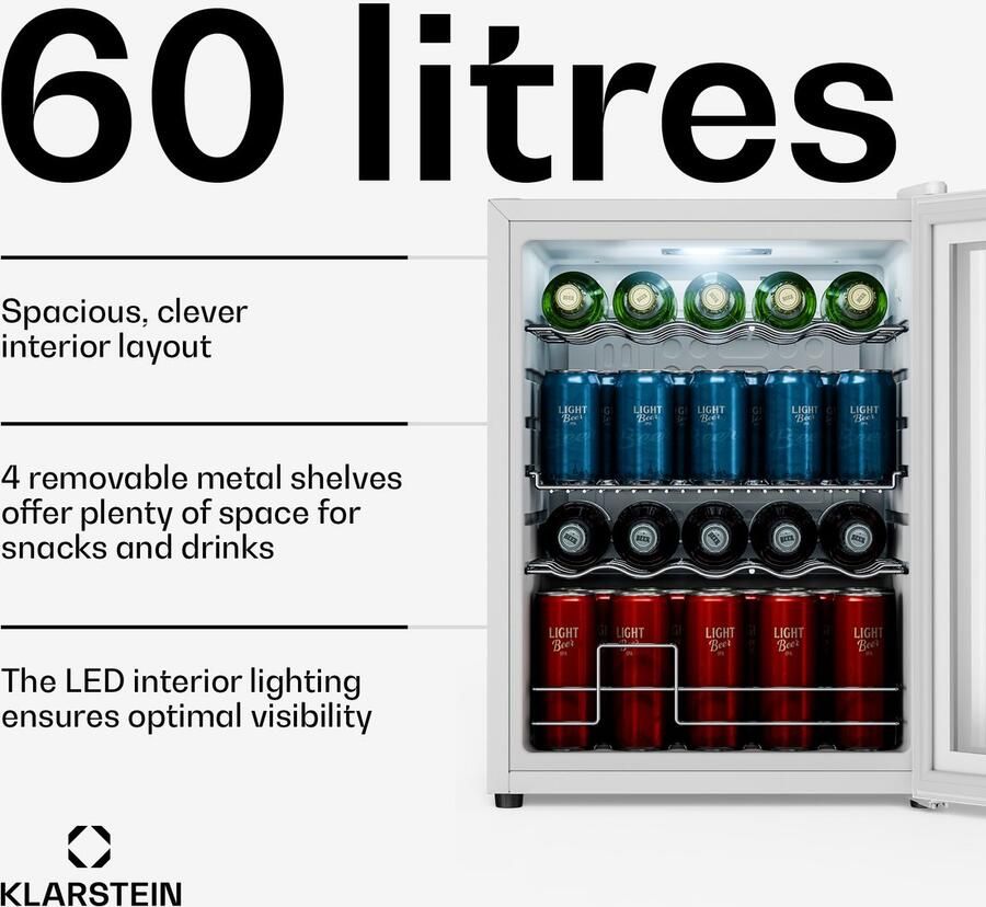 Klarstein drankkoelkast met glazen deur 60 liter mini-drankkoelkast dubbel glas 0-13 °C 4 uitneembare planken onderbouw nauwkeurige temperatuurregeling stil 39 dB
