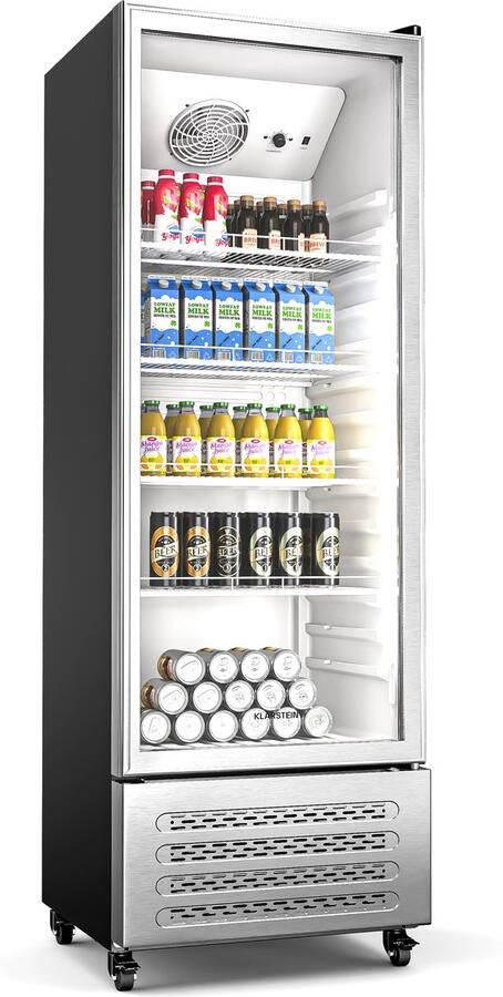 Klarstein GrandCooler 270L Getränkekühlschrank Doppelverglaste Tür Aluminium Tür LED Beleuchtung Mechanischer Thermostat 0 °C bis 10 °C 4 Räder Energieklasse B – geschikt voor thuisfitness en sportschoolgebruik duurzame constructie eenvoudig