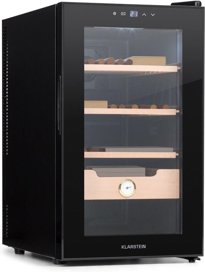 Klarstein El Presidente Zigarren Humidor thermoelektrischer Humidor Schrank met Glastür Humidor Befeuchter met Einschüben aus Zedernholz Hygrometer LED Innenbeleuchtung 23 Liter schwarz – geschikt voor thuisfitness en sportschoolgebruik duurzam