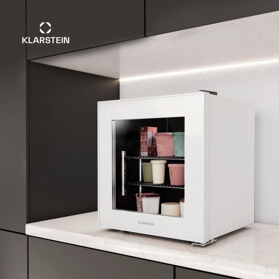 Klarstein IceAge 36 Mini Gefrierschrank 36 L Einstellbare Temperatur 0 bis 18 °C Energieeffizient LED Innenbeleuchtung Kompakt & Stilvolle Glastür Kleine Gefriertruhe Weiß – geschikt voor thuisfitness en sportschoolgebruik duurzame constructi