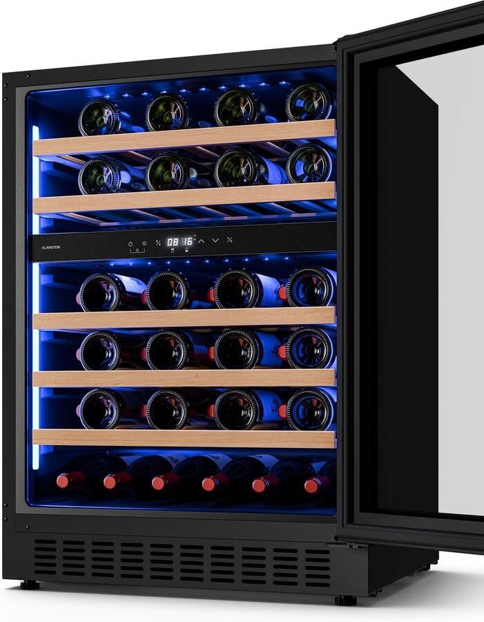 Klarstein Illuminosa onderbouw wijnkoelkast 46 flessen twee zones 5-22 °C touchbediening ledverlichting uv-glas stil 39 dB beukenhouten planken inbouw wijnkoeler