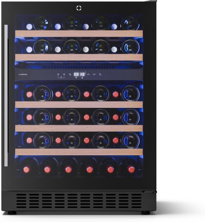 Klarstein Illuminosa onderbouw wijnkoelkast 46 flessen twee zones 5-22 °C touchbediening ledverlichting uv-glas stil 39 dB beukenhouten planken inbouw wijnkoeler