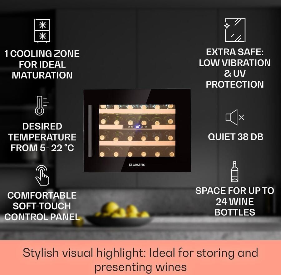 Klarstein Inbouw Wijnkoelkast 1 Zone – Smalle Wijnklimaatkast 57L met Glazen Deur – Compacte Drankenkoelkast voor Binnen Buiten – Temperatuur 5-22°C – Capaciteit 24 Flessen 54 cm voor Bar Touch Hout LED Wijnkast Wine Cooler