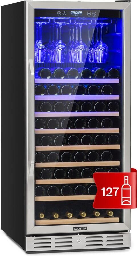 Klarstein inbouw wijnkoelkast 1 Zonen drankenkoelkast klein Kleiner Weinschrank 320L Wein koelkast klein met Indoor Outdoor flessenkoelkast Wine Fridge 127 flessen 68 cm voor Bar Glazen Deur Touch Houten Schappen Vrijstaand RVS